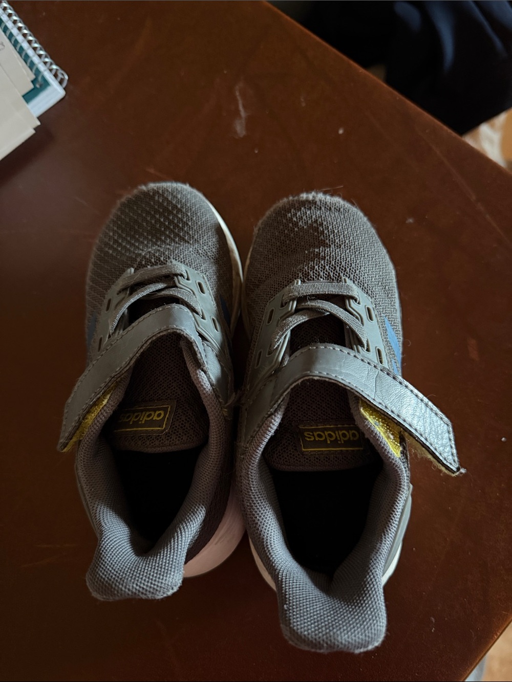 adidas Kids Gray Sneakers with Blue and Yellow Accents